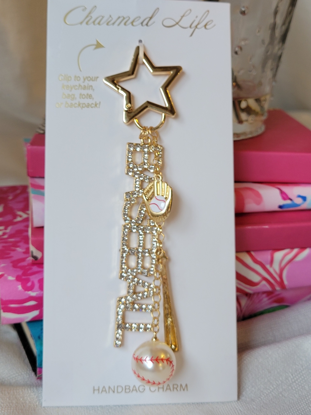 Charmed Life Gold Rhinestone Baseball Handbag Charm with Pearl Accents